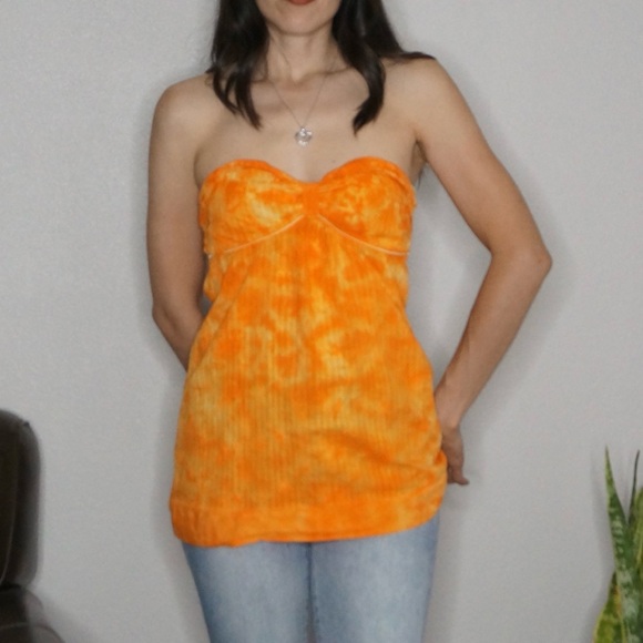 Orange & white tie die strapless top w/ tie in back size L - Picture 2 of 7